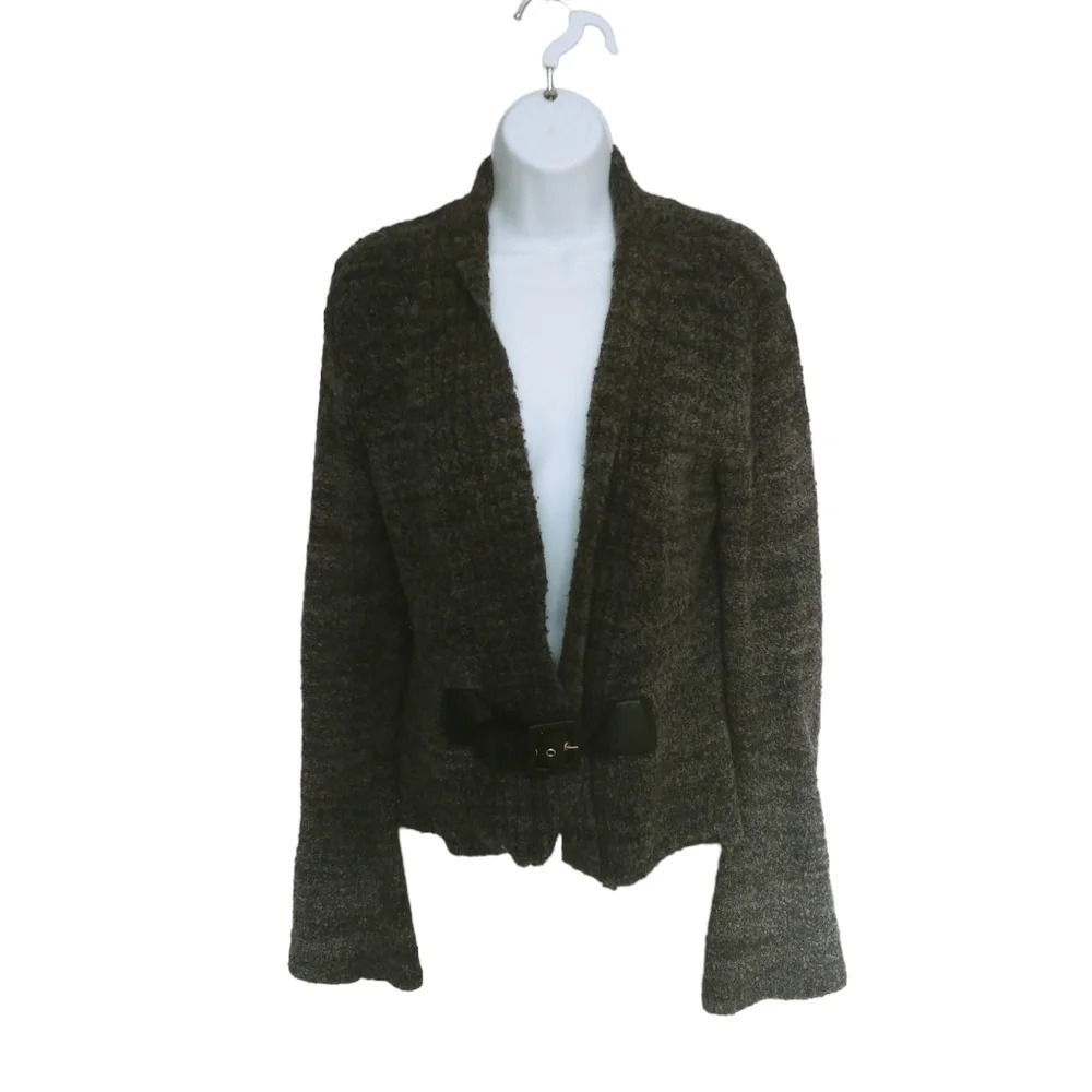 Le Grenier Open Knit Cardigan with Belt/Cinch Front Close  Gray/Black M